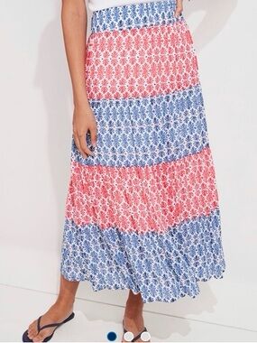 Vineyard Vines Coral Block Print Tiered Maxi Skirt Smocked Waist Beach Summer